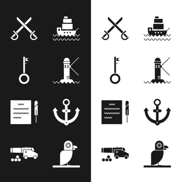 Set Lighthouse Pirate Key Crossed Pirate Swords Ship Feather Pen — Stock Vector