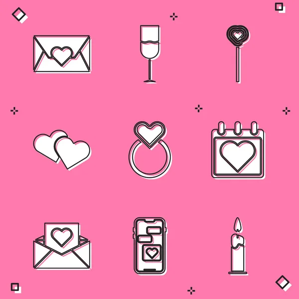 Zarfı Sevgililer Günü Kalbi Şarap Bardağı Lolipop Kalp Alyans Takvim — Stok Vektör