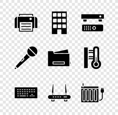 Yazıcı, House, Multimedia ve TV kutusu, Klavye, Wi-Fi sinyali, ısıtma radyatörü, mikrofon ve simgeyi ayarla. Vektör