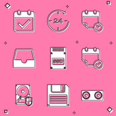 Takvimi işaretleme işareti, Saat 24 saat ve saat, Sosyal medya gelen kutusu, SSD kartı ve simgesi ile ayarla. Vektör