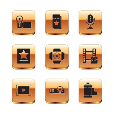 Set Cinema camera, Online play video, Media Projector, Movie spotları, Hollywood Walk of Fame yıldızı, Mikrofon, Camera film roll kartuşu ve bilet ikonu. Vektör