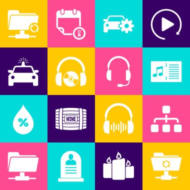 FTP senkronizasyon yenilemesi, hiyerarşi organogram şeması, notalı müzik kitabı, araba servisi, kulaklıklar ve CD DVD ve polis arabası teşhircisi simgesini ayarlayın. Vektör