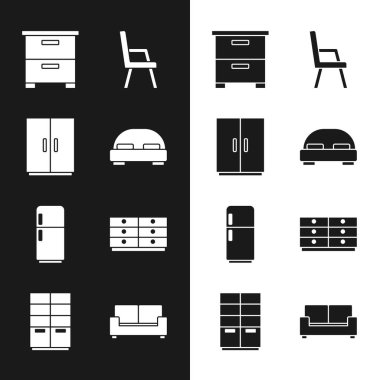 Büyük yatak, gardırop, mobilya sehpası, Kol sandalyesi, Buzdolabı, Çekmeceler Sandığı, kanepe ve ikon. Vektör