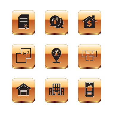 Ev sözleşmesi, Garaj, Konum, Ev, Plan, Dolar sembolü, Çevrimiçi gayrimenkul ve Gerçek Mesaj ikonu. Vektör