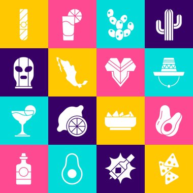 Nachos, Avokado meyvesi, Meksika sombrero, Kaktüs, Meksika haritası, güreşçi, puro ve panço ikonu. Vektör