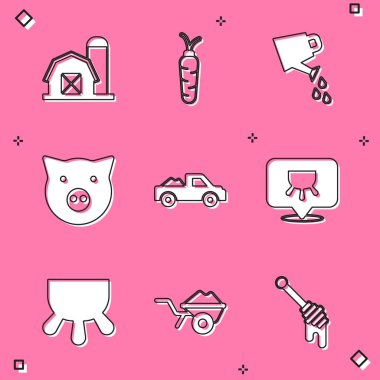 Çiftlik evi, havuç, su kovası, domuz, kamyonet, Udder ve toprak ikonlu el arabası. Vektör