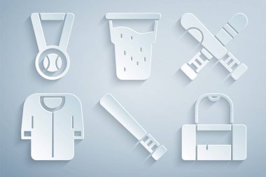 Beyzbol sopası, çapraz beyzbol, tişört, spor çantası, ikonlu bir bardak bira ve madalya. Vektör