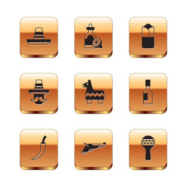 Meksika sombrerosu, acı biber, klasik tabancalar, Pinata, adam, Burrito, Maracas ve limon ikonlu tekila şişesi. Vektör