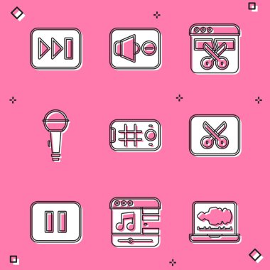 İleri sar, Hoparlör sessiz, Video kaydedici düzenleyici, Mikrofon, Selfie mobil, Müzik video düzenleme, Duraklat düğmesi ve oyuncu simgesi. Vektör