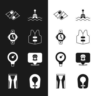 Can yeleği, dalış saati, yüzmek için Flippers, yüzen şamandıra, ölçek, scallop deniz kabuğu, ve dalgıç kıyafeti dalış ikonu. Vektör