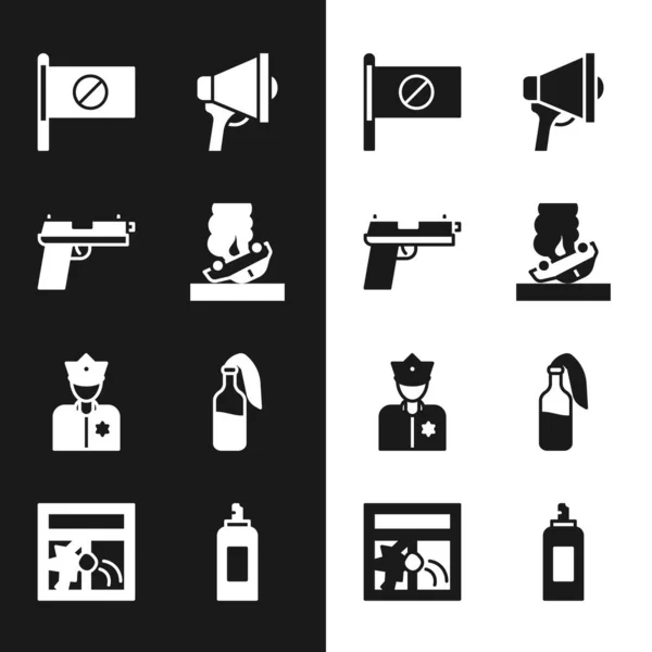 Set Voiture Brûlante Pistolet Pistolet Protestation Mégaphone Agent Police Cocktail — Image vectorielle