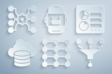 Sinirsel ağı, Bilgisayar Ağı arayüzünü, Bulut veritabanını, Huni filtresini, Chat robotunu ve simgeyi ayarla. Vektör