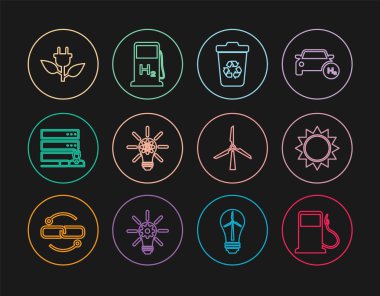 Benzin istasyonu, benzin istasyonu, güneş, geri dönüşüm kutusu, ampul teçhizatı, müşteri hizmetleri sunucusu, elektrik prizi yaprağı, rüzgar türbini ve hidrojen doldurma ikonu. Vektör