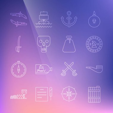 Sıra ahşap fıçı, tüttürme piposu, Korsan madeni para, Çapa, Kafatası, kılıç, klasik tabancalar ve çuval ikonu. Vektör