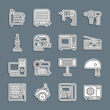 Hattı ayarlayın, klima, elektrikli mikser, radyo, matkap, yapboz, elektrikli süpürge, inşaat zımbası ve mikrodalga fırın ikonu. Vektör