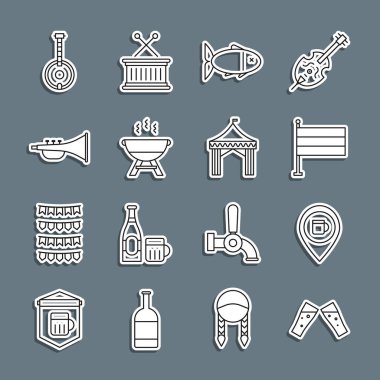 Bardak, bira, alkol ya da bar, Ulusal Almanya bayrağı, balık, barbekü ızgarası, müzik aleti trompeti, Banjo ve kamp çadırı ikonu. Vektör