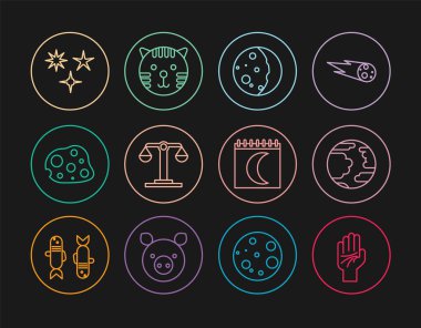 El falı, Merkür Gezegeni, Güneş tutulması, Terazi burcu, Asteroid, Kayan Yıldız, Ay evreleri takvimi ve Kaplan ikonu. Vektör