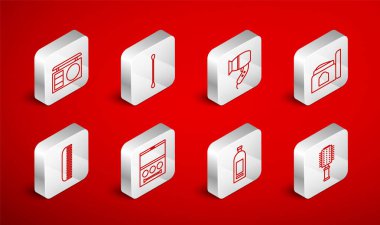 Sıra saç fırçası, kulak, kurutma makinesi, krem kozmetik tüp, şampuan şişesi, göz farı paleti ve ikon için pamuk çubuğu. Vektör