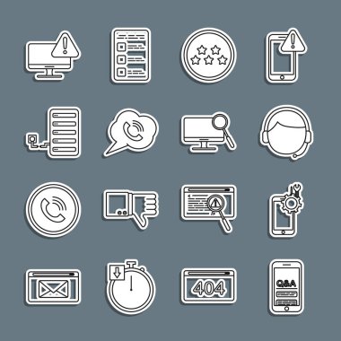 Satır Mobil Soru ve Ünlem, hizmet, kulaklıklı adam, beş yıldızlı değerlendirme, konuşma balonlu telefon görüşmesi, sunucu, monitör ünlem işareti ve bilgisayar monitörü teşhis simgesi. Vektör
