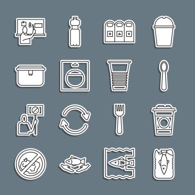 Hattı kurun. Okyanus plastik kirliliğini durdurun. Kağıt bardak, tek kullanımlık kaşık, çöp tenekeleri sıralanmış çöp, pil, beslenme çantası ve ikon. Vektör