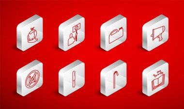 Hat açık, makine yağı tenekesi, megafon, plastik pipet içme, Dünya 'yı tutan el küresi, tek kullanımlık bıçak ve torba poster ikonuna hayır de. Vektör