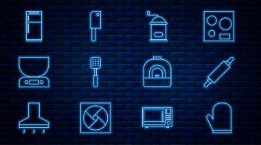 Fırın eldiveni, merdane, manuel kahve öğütücüsü, Spatula, elektronik teraziler, buzdolabı ve et helikopteri ikonu. Vektör