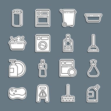 Temizlik malzemesi, çöp poşeti, lastik pompa, çöp tenekesi, sabun köpüklü plastik leğen, kağıt havlu rulosu ve el dezenfektanı ikonu. Vektör