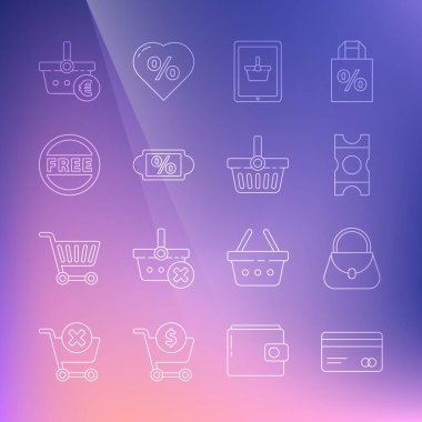 Kredi kartı, el çantası, kupon, alışveriş sepeti tableti, indirimli yüzde etiketi, Ücretsiz, Euro ve ikonlu fiyat. Vektör