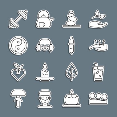 Süpürge kutuları, taze meyve suyu, akupunktur terapisi, yığınla sıcak taş meditasyon için kulaklık, Yin Yang, Dumbbell ve Pipette ikonu. Vektör