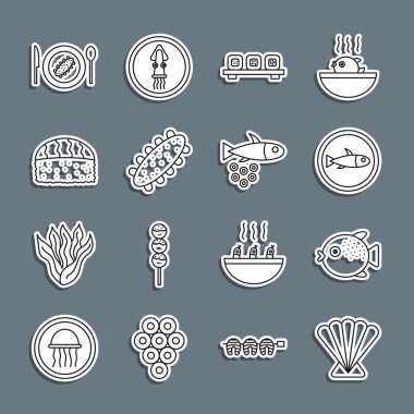 Deniz tarağı kabuğu, kirpi balığı, tabakta servis edilen suşi kesme tahtası, deniz hıyarı ve havyar ikonlu balık. Vektör