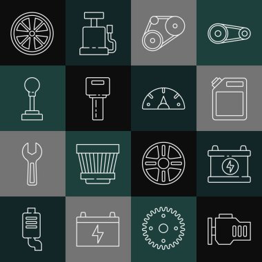 Hat kontrol motoru, akü, benzin için teneke kutu, zaman ayarlı kemer kiti, uzaktan kumandalı anahtar, vites kolu, alloy tekerlek ve hız göstergesi simgesi. Vektör