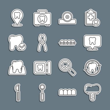 Diş implantı, diş beyazlatma, klinik konumu, Otolaryngological baş yansıtıcı, pense, kavram ve diş teli ikonu. Vektör