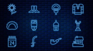 Çizgili Ukrayna evi, Anavatan anıtı, Mantı çatalı, Kazak, Ayçiçeği, Kilise kulesi ve ayakkabı ikonu. Vektör