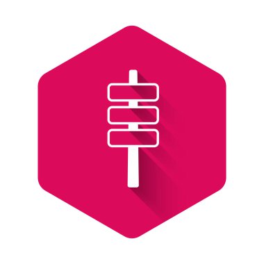 Beyaz Kore yemeği tokpokki ikonu uzun gölgeli bir arka plan. Pembe altıgen düğmesi. Vektör