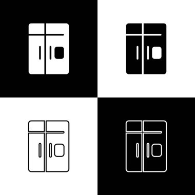 Buzdolabı simgesini siyah beyaz arkaplanda izole et. Buzdolabı buzdolabı. Ev aletleri ve aletler. Vektör