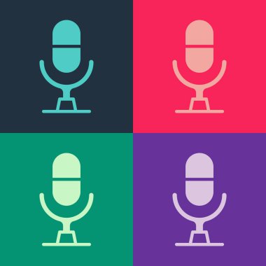 Pop Art Mikrofon Ses Aygıtı simgesi renk arkaplanında izole edildi. Mikrofon tercümanı ve alfabe harfleri. Vektör