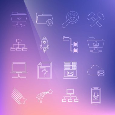 Satır Mobil kayıt sunucusu FTP dizini indirmeyi ayarla Arama konumu roket gemisi ateş dizini ağaç işlemleri başarılı ve simge ile birlikte. Vektör.