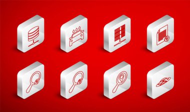 Hat UFO uçan uzay gemisi Araba Yıkama Veri Sunucusu Web Sunucusu Bilinmeyen belge arama konumu ve arama simgesi ayarla. Vektör.