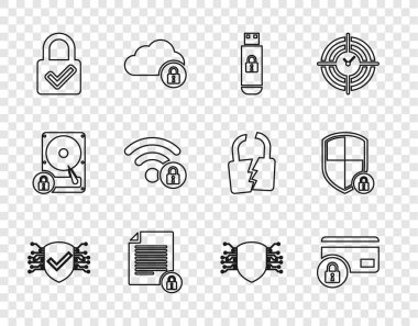 USB flash disk belgesi ve kilit işareti Wifi kilitlendi ve Shield simgesi ile çevrimiçi güvenlik kredi kartını ayarla. Vektör.