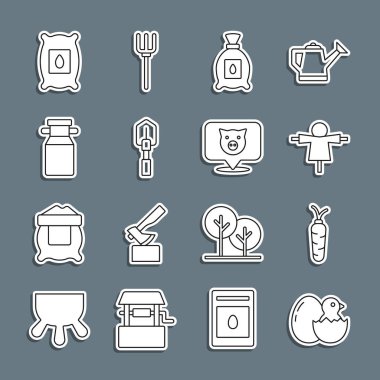 Sabit çizgi halinde yumurta, havuç, korkuluk, bitki tohumu, kürek, süt için konteynır ve domuz ikonu dolu bir paket. Vektör