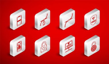 Hat Güvenli kilit tekerleği Bezier eğrisi kalkanını VPN kablosuz bilgisayar ağı mobil ve parola Padlock kalp ve yüz tanıma simgesi ile ayarla. Vektör.