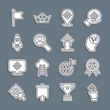 Hedef Madalya Eli 'nin elinde Roket gemisi bayrağı ve ikonu aramak için bayrak büyüteci var. Vektör.