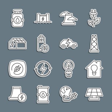Güneş enerjisi paneli Smart House ve Ampul Anten Nükleer Santrali Batarya Propan gaz tankı ve Elektrikli araba ikonu ayarlayın. Vektör.
