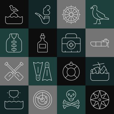 Rüzgar batan yolcu gemisi şişme bot motorlu Ship direksiyonlu Rum şişesi ceketli martı şamandıraya ve ilk yardım çantasına oturur. Vektör.