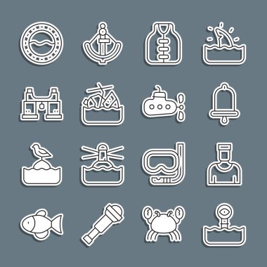 Periscope Sailor kaptanı Bell Life ceketi batan yolcu gemisi dürbünü bölmesi ve denizaltı ikonu. Vektör.