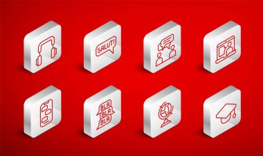 Farklı dillerde mezuniyet seremonisi ayarlayın. İki kişi oturmuş yabancı dilde konuşuyor. Yeryüzü kulaklıkları, konuşma balonu sohbeti ve yeni mesaj bildirim simgesi. Vektör.