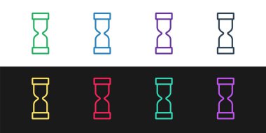 Çizgiyi kur Siyah ve beyaz arka planda kum ikonu akan eski kum saati. Kum saati işareti. İş ve zaman yönetimi kavramı. Vektör.