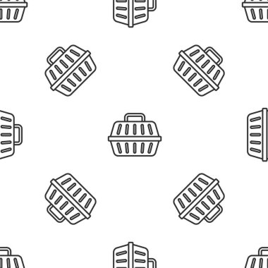 Gri çizgi Hayvan Taşıma Kutusu ikonu beyaz arka planda izole edilmiş kusursuz desen. Hayvanlar, köpekler ve kediler için taşıyıcı. Hayvanlar için konteynır. Hayvan taşıma kutusu. Vektör