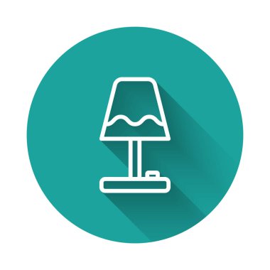 Beyaz çizgi masa lambası simgesi uzun gölge arkaplanı ile izole edildi. Yeşil daire düğmesi. Vektör