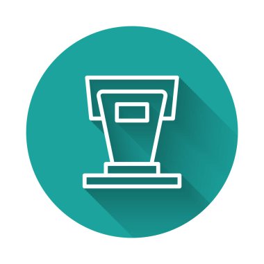 Beyaz çizgi sahne standı ya da uzun gölge arkaplan izole podyum kürsü ikonu. Konferans konuşma tribünü. Yeşil daire düğmesi. Vektör